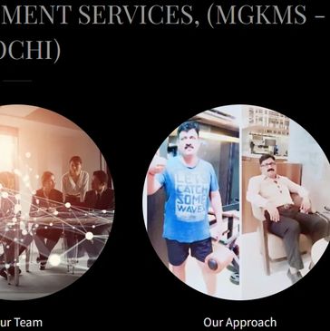 Three circular images about MGK Management Services: mission, team, and approach.