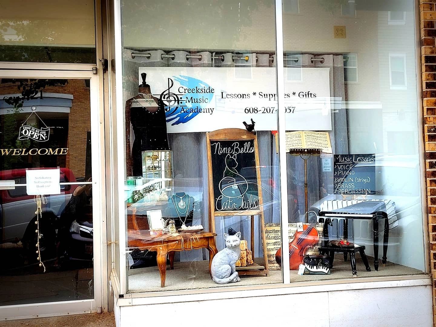 Nine Bells and Cat Tails store front!
We share a building and entrance with Creekside Music Academy!