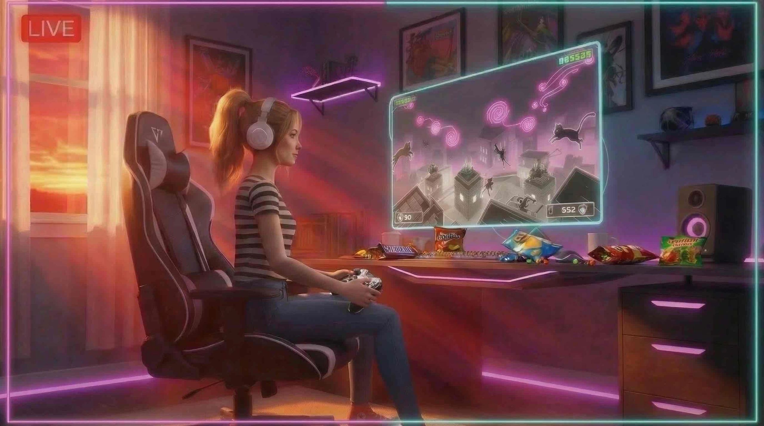 Young woman playing a game called Midnight Meow live on Twitch.