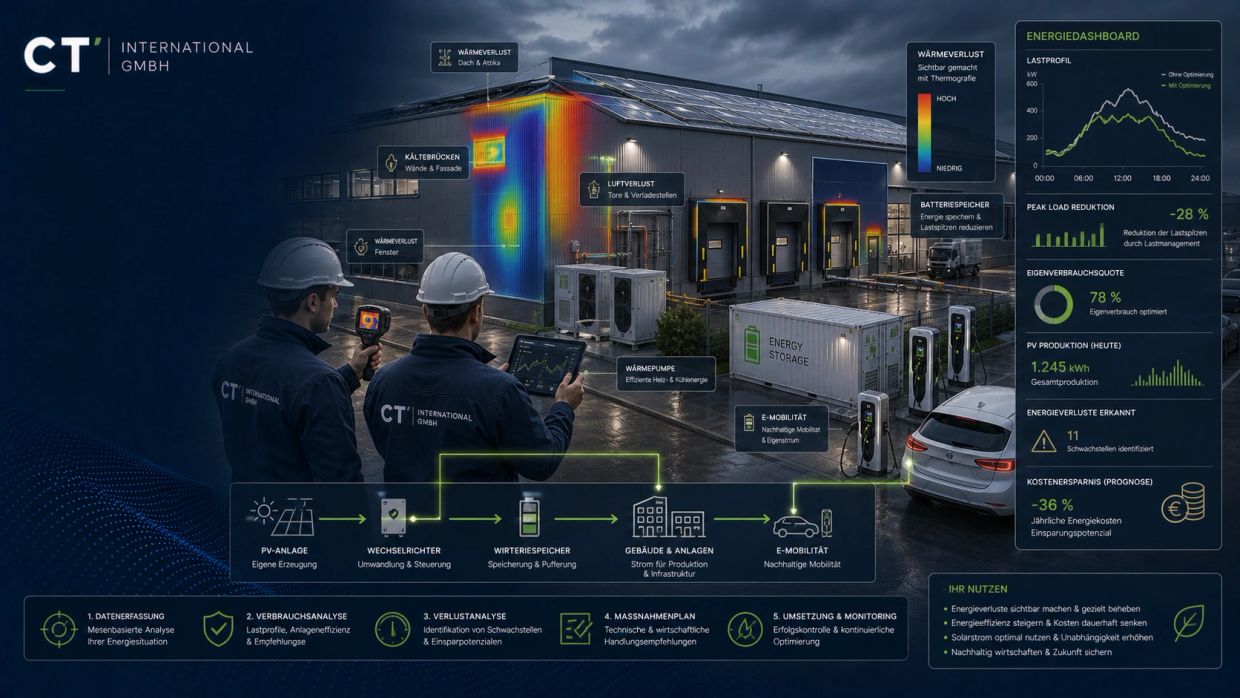 Two engineers analyze thermal energy loss on a building with a digital dashboard showing energy optimization data.