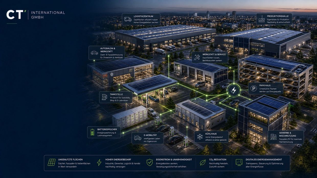 CT International GmbH's sustainable energy-powered business complex with solar panels on all buildings.