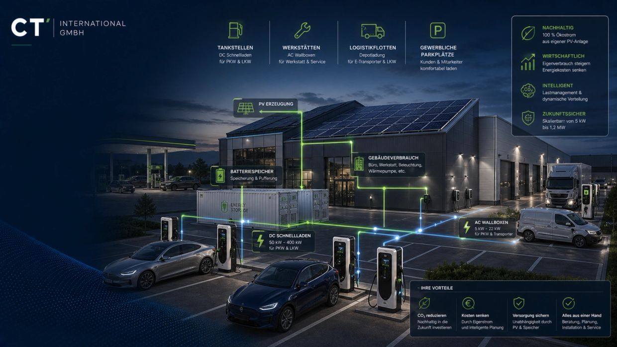 Electric vehicle charging station with solar power and battery storage integration at night.