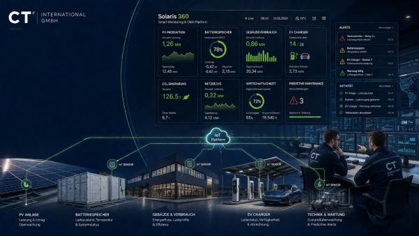 Smart IoT platform monitoring solar energy, battery storage, building consumption, EV charging, and maintenance alerts.