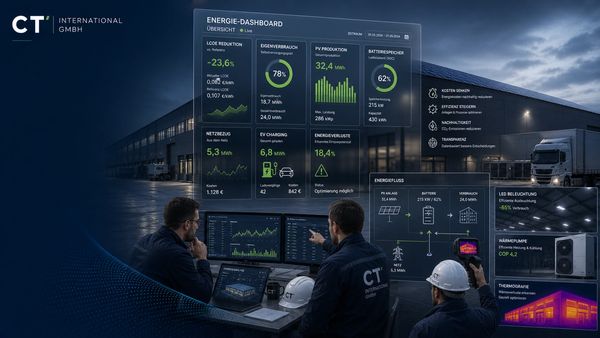 Three professionals analyze an energy dashboard with detailed solar, battery, and consumption data outdoors.