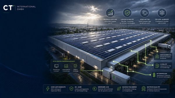 Solar panels on a large industrial building with energy management features highlighted.