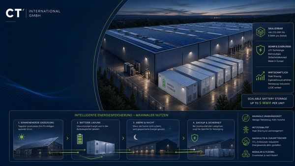 Scalable energy storage system with solar power and battery backup for efficiency and sustainability.