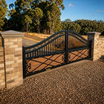 Black wrought iron gate with brick pillars.