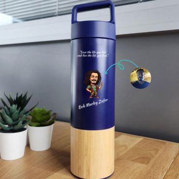 Bob Marley tasarımlı bambu termos.
