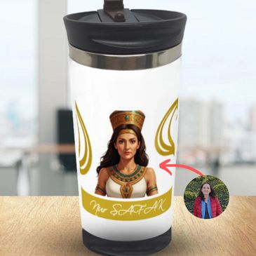 Kişiye özel tassarım termos bardak 480 ml. Üzerinde Cleopatra resmi var.