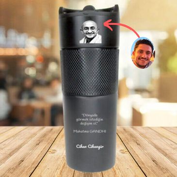 Kişiye özel Gandhi resimli french press termos tasarımı