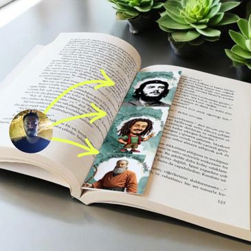 Che Guevera, Bob Marley ve yaşlı bir kung fu ustasının kolaj çalışmasından oluşan kitap ayracı