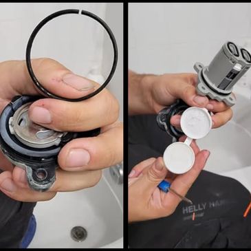 Hands holding plumbing parts near a sink.