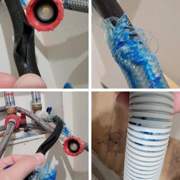 Damaged and leaking hoses with blue fiber exposure.