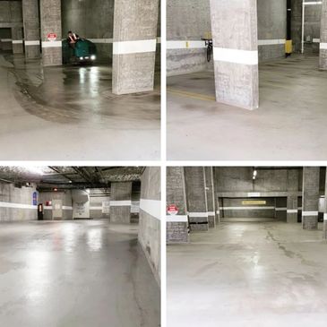 Cleaned parking garage floors before and after photos.