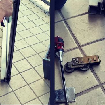 Image of a person holding a sliding door frame and a close-up of a door roller and screwdriver.