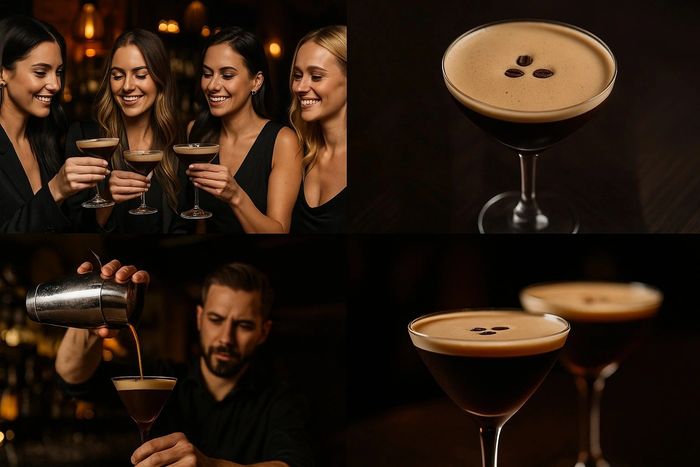 A group of people sitting at a table with espresso martinis.