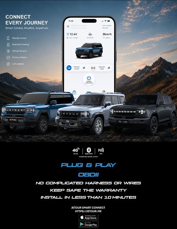 Smart vehicle connectivity with Jetour Smart Connect app and OBDII plug.