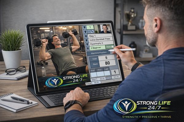 Man using a tablet for a virtual dumbbell press workout session.