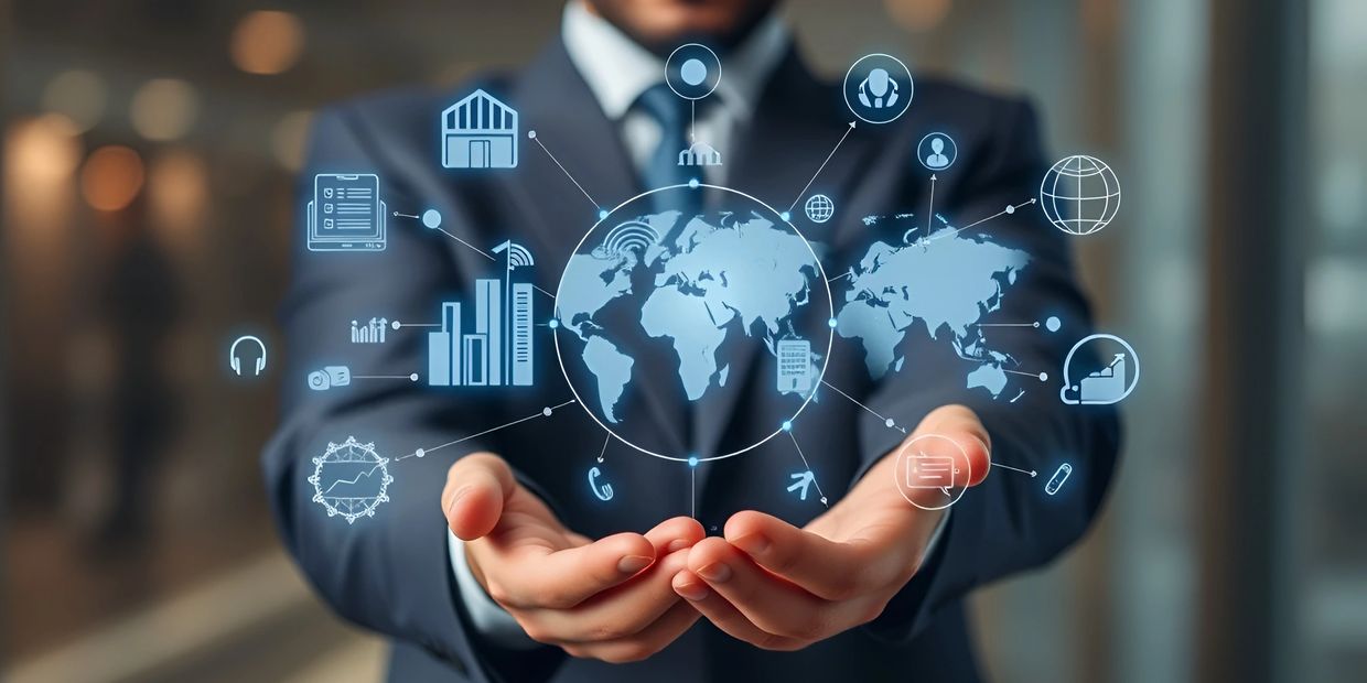 Man in suit with outstretched hands. Digital image of globe and business icons floating over hands.