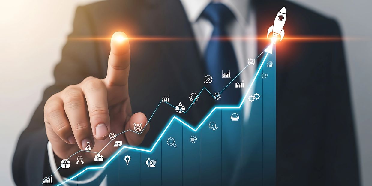 Man in suit with outstretched glowing finger. Digital image of growth chart with growth symbols.