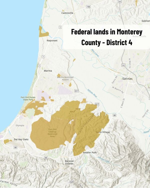A map of Monterey County District 4 shows federal lands shaded in tan.