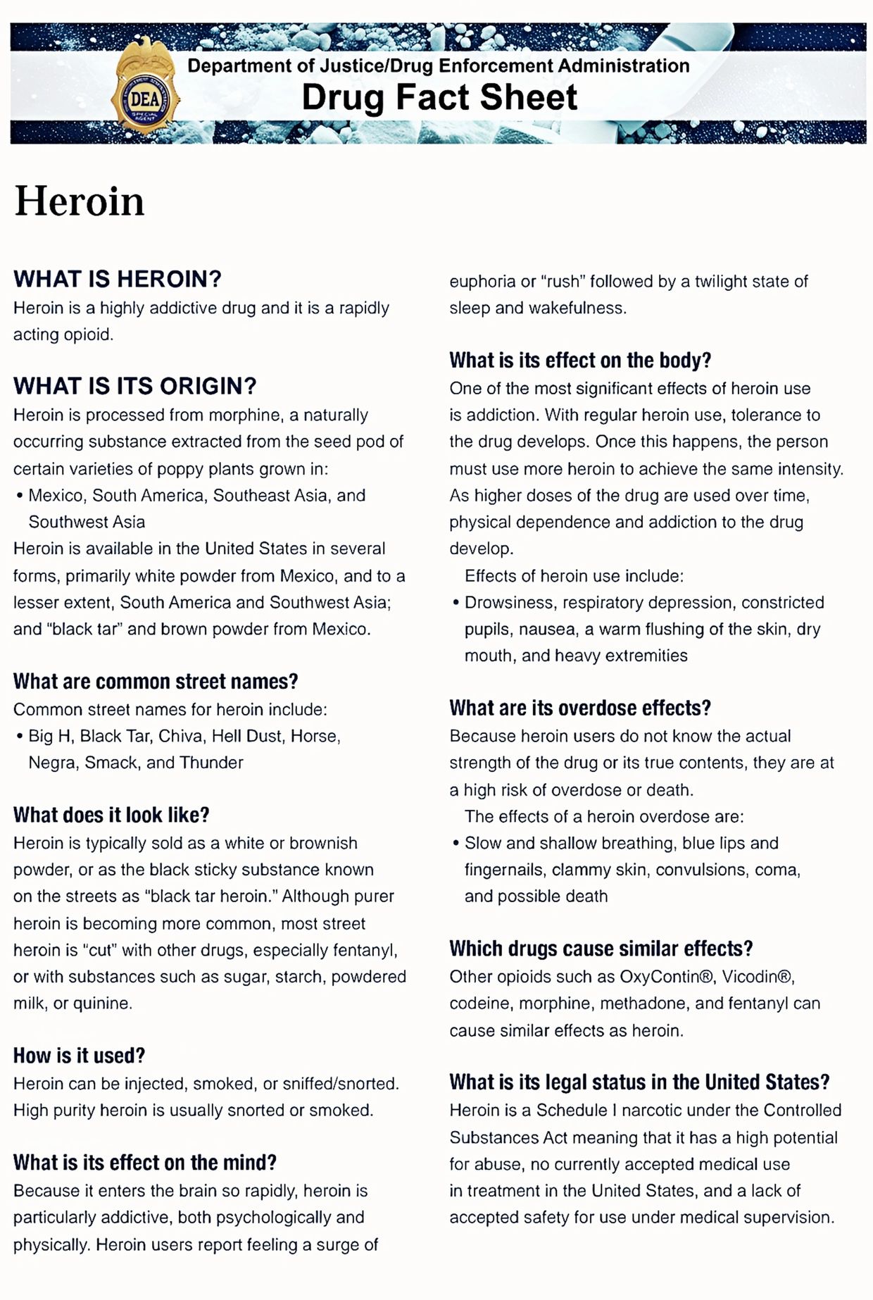 DEA Drug Fact Sheet detailing heroin's origin, effects, and legal status.