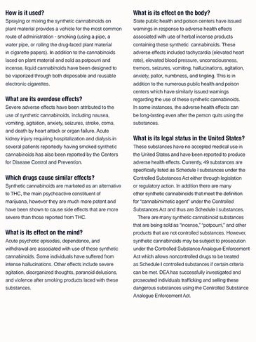 Informative text about synthetic cannabinoids, their effects, and legal status in the US.