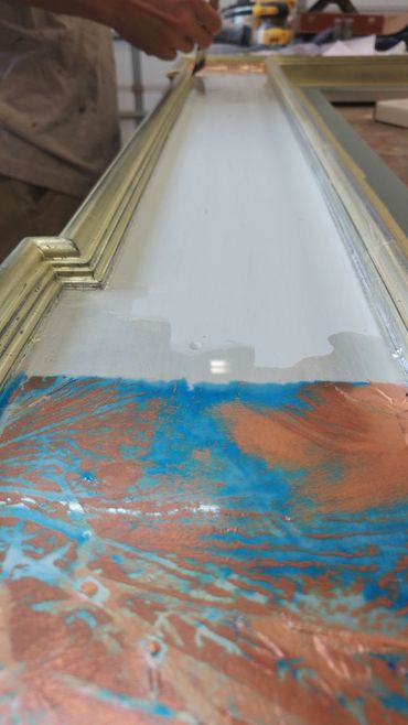 Blue patina created after floating copper leaf on acid wash