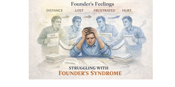 Illustration showing a founder struggling with feelings of distance, loss, frustration, and hurt, symbolizing founder's syndrome.