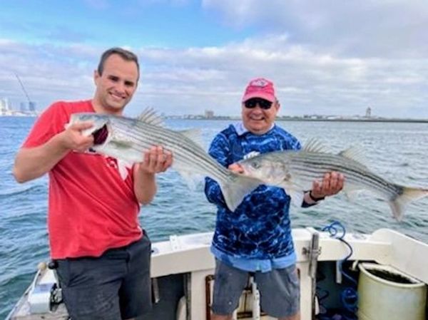 Two men proudly hold large striped bass on a boat with a city skyline in the background.