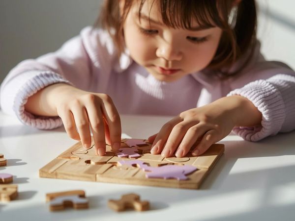 Young child focused on assembling a wooden puzzle with animal shapes.