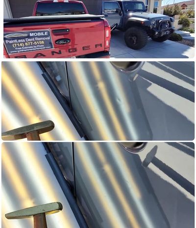 Before and After photo / paintless dent removal on a Jeep Wrangle quarter panel in Roseville