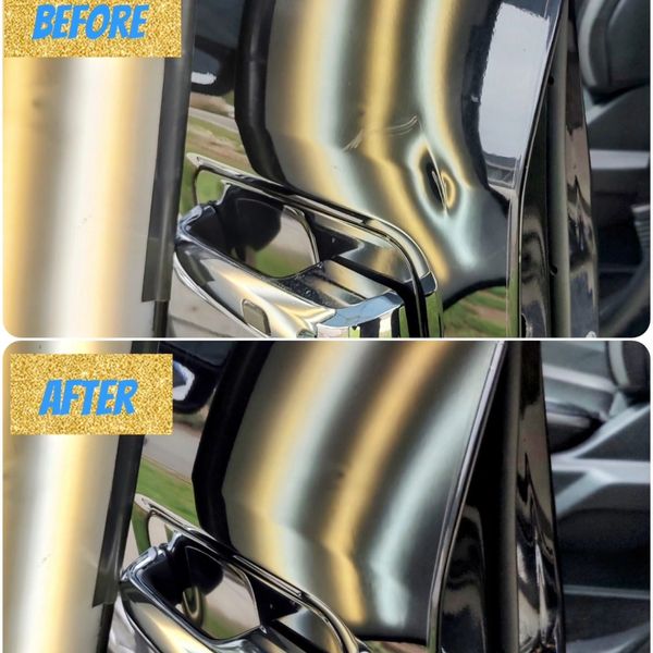 Before and After photo / Paintless dent removal on Ford F 150 front  door In Placer County
