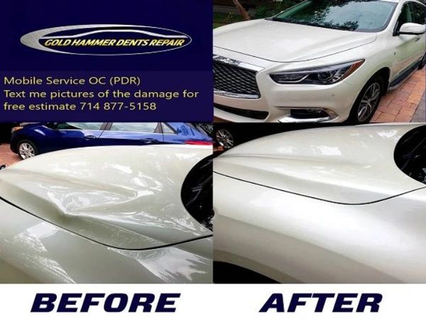 Before and After photo /  Nasty dent on the crease of an Infiniti QX 60 hood
In Sacramento