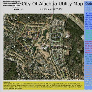 City of Alachua utility map with color-coded code key for various utilities and infrastructure.
