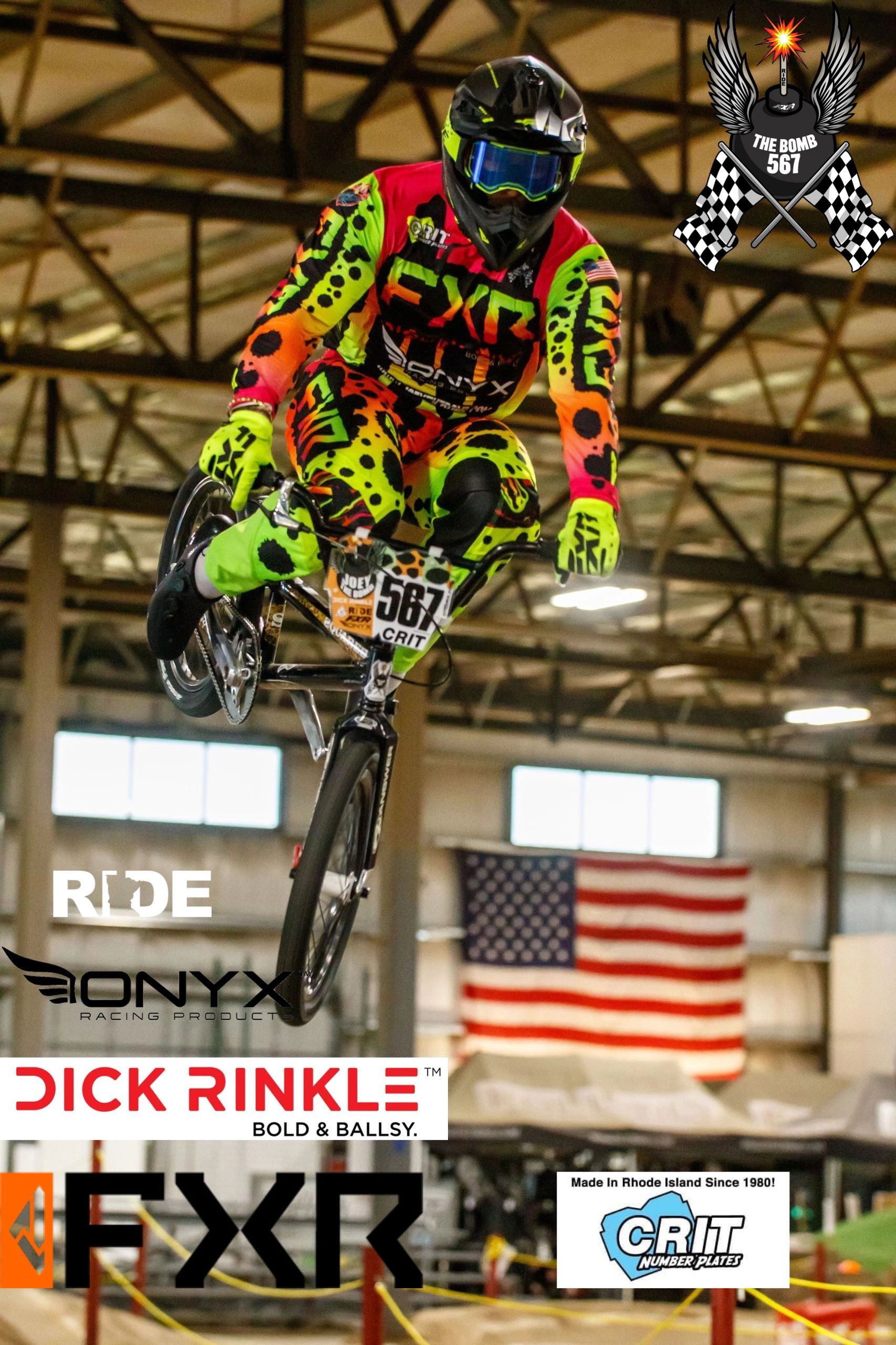 Joey the bomb displaying new fxr gear for the USA BMX national pro series. 