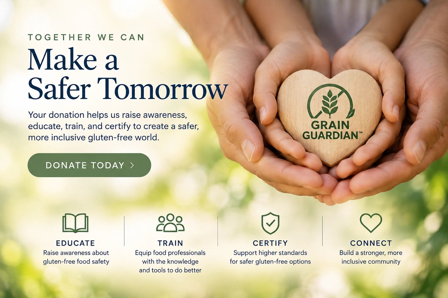 Hands holding a heart-shaped wooden piece with Grain Guardian logo, promoting gluten-free safety donations.