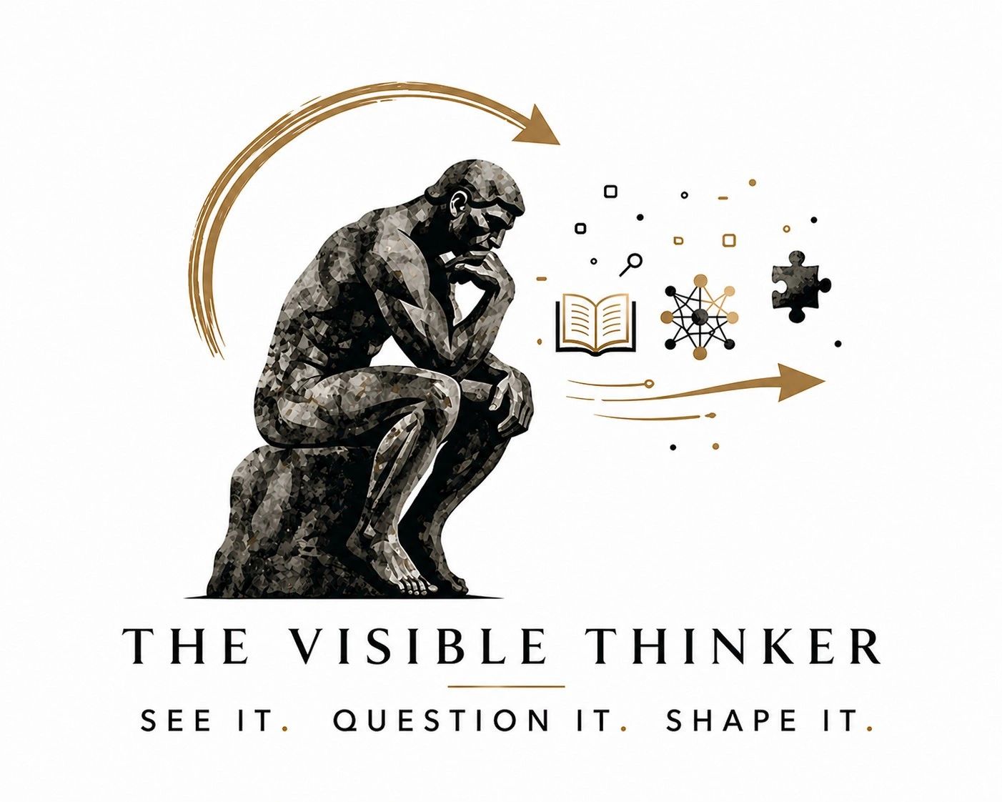 Statue of a thinker with symbols of knowledge and curiosity, captioned 'The Visible Thinker'.
