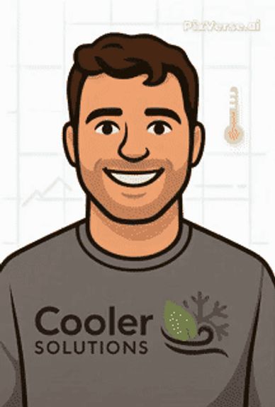 Smiling cartoon man wearing a 'Cooler Solutions' shirt with a snowflake and leaf logo.