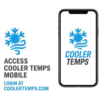 Logo and promo for Cooler Temps mobile app with login info.
