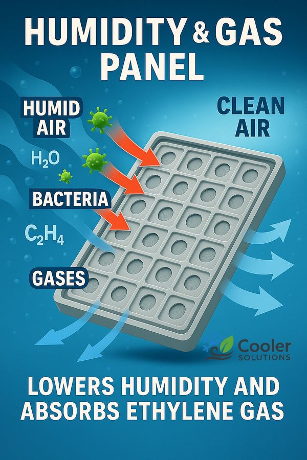 Humidity and gas panel lowers humidity and absorbs ethylene gas for cleaner air.