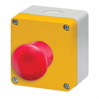 Red emergency stop button on a yellow and gray box.