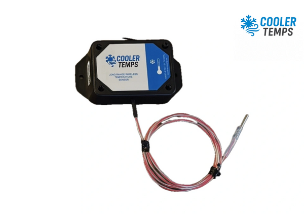 Cooler Temps wireless temperature sensor with probe and logo.