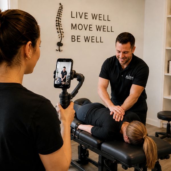 Chiropractor adjusting patient while being filmed.