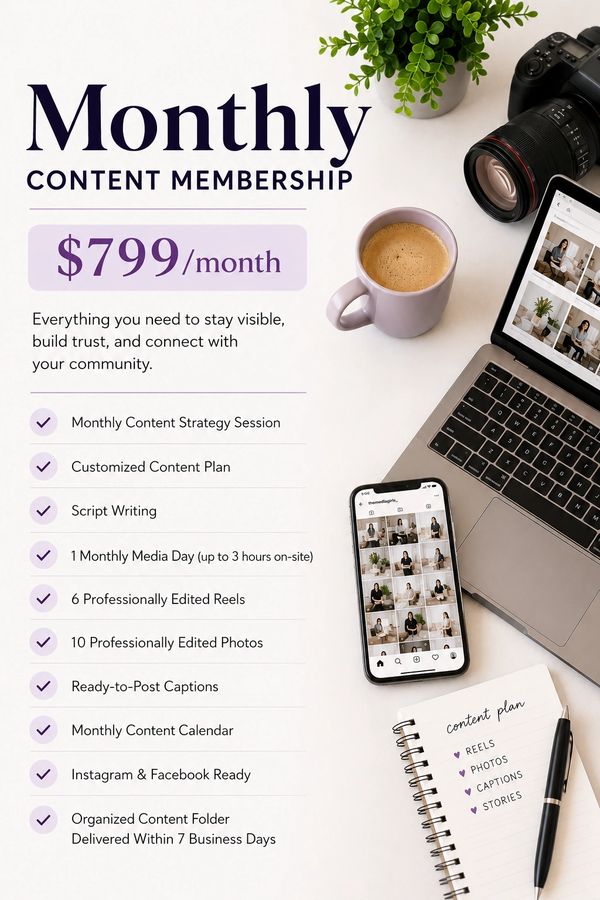 Monthly content membership offer for $799 including strategy, media day, editing, and more.