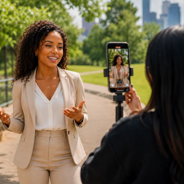 Woman recording a video outdoors with a smartphone on a tripod.