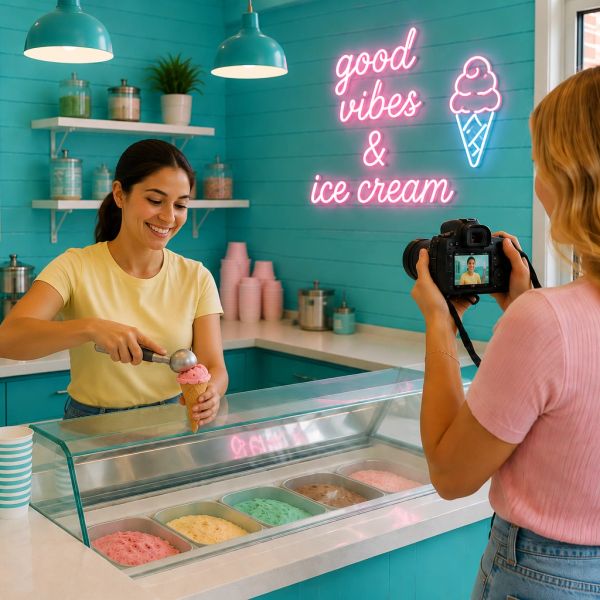 Woman scooping ice cream with another photographing her.