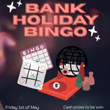 Illustration promoting Bank Holiday Bingo with bingo cage and cards.