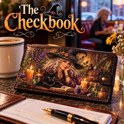 A Halloween-themed checkbook cover with a witch and cat illustration.