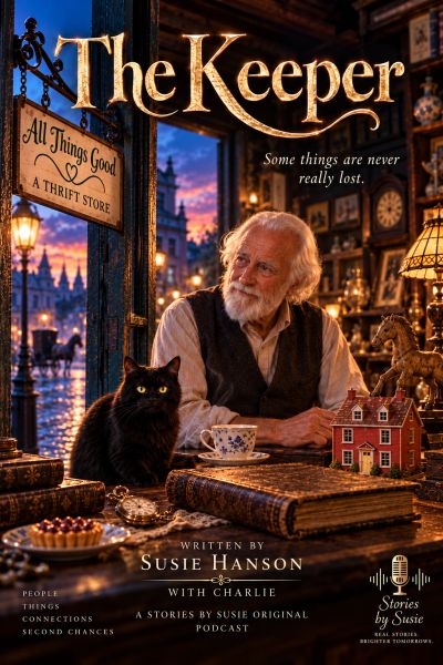 Elderly man with a black cat in a cozy thrift store at sunset.